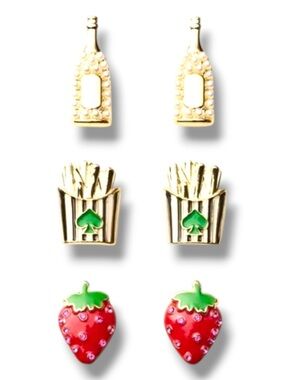 Kate Spade x Target stud Earrings Set with Strawberries, Fries & Champagne NIB